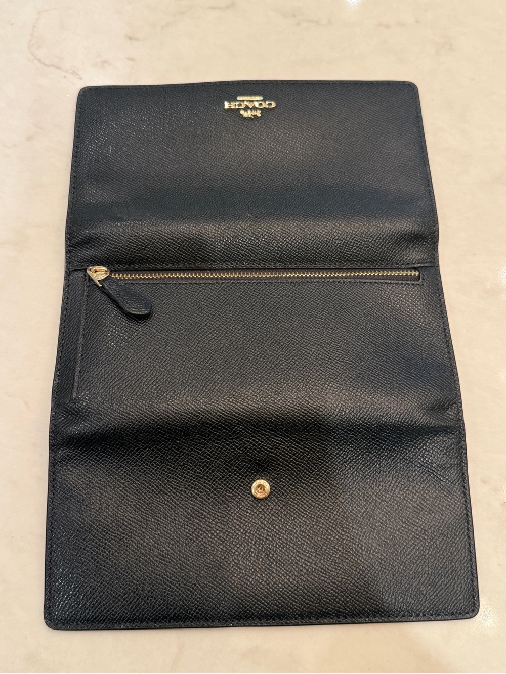 Coach Black Leather Clutch Wallet with Gold Accents